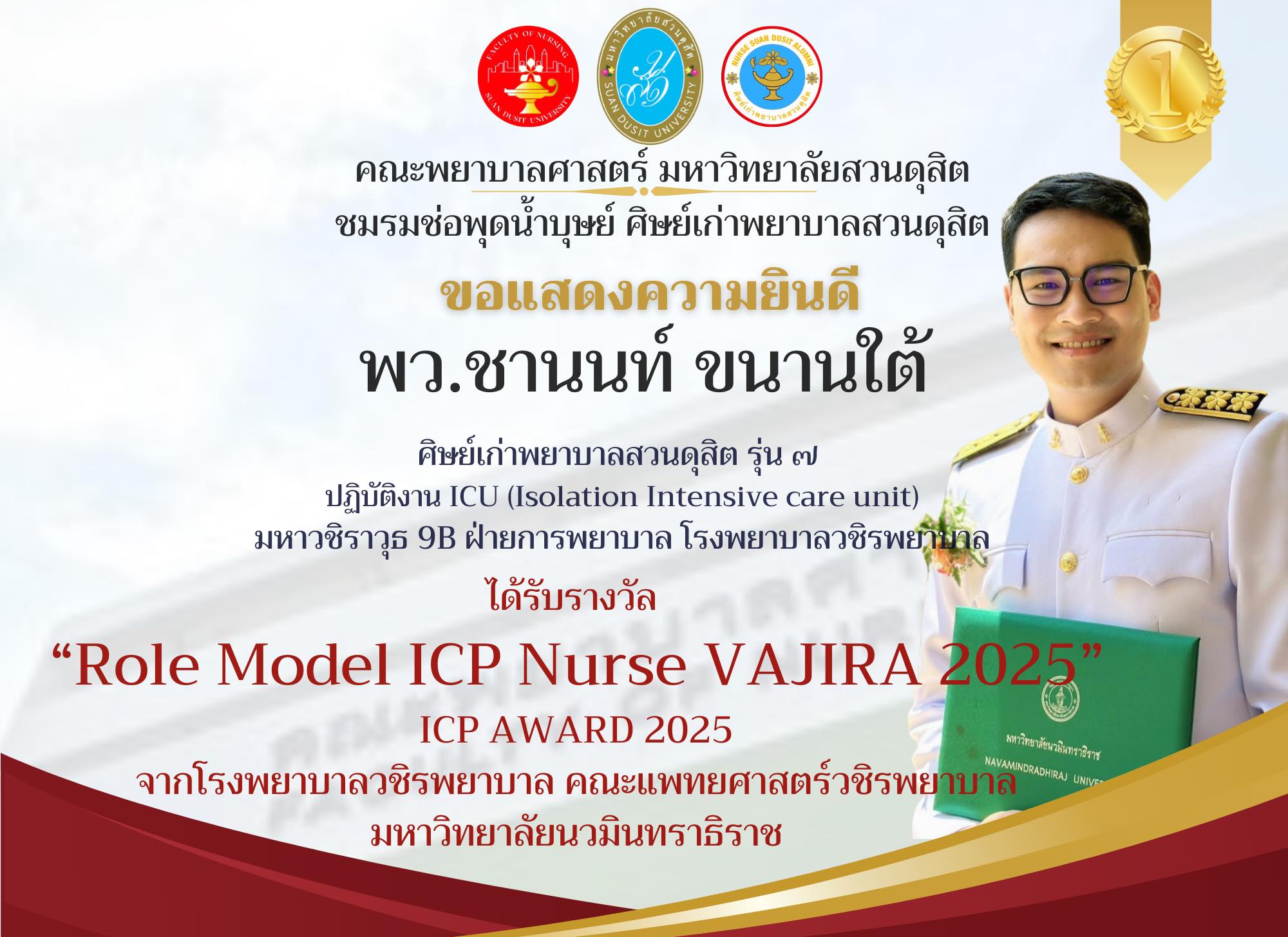 คณะพยาบาลศาสตร์ มหาวิทยาลัยสวนดุสิต และชมรมช่อพุดน้ำบุษย์ ศิษย์เก่าพยาบาลสวนดุสิต ขอแสดงความยินดีแด่ พว.ชานนท์ ขนานใต้