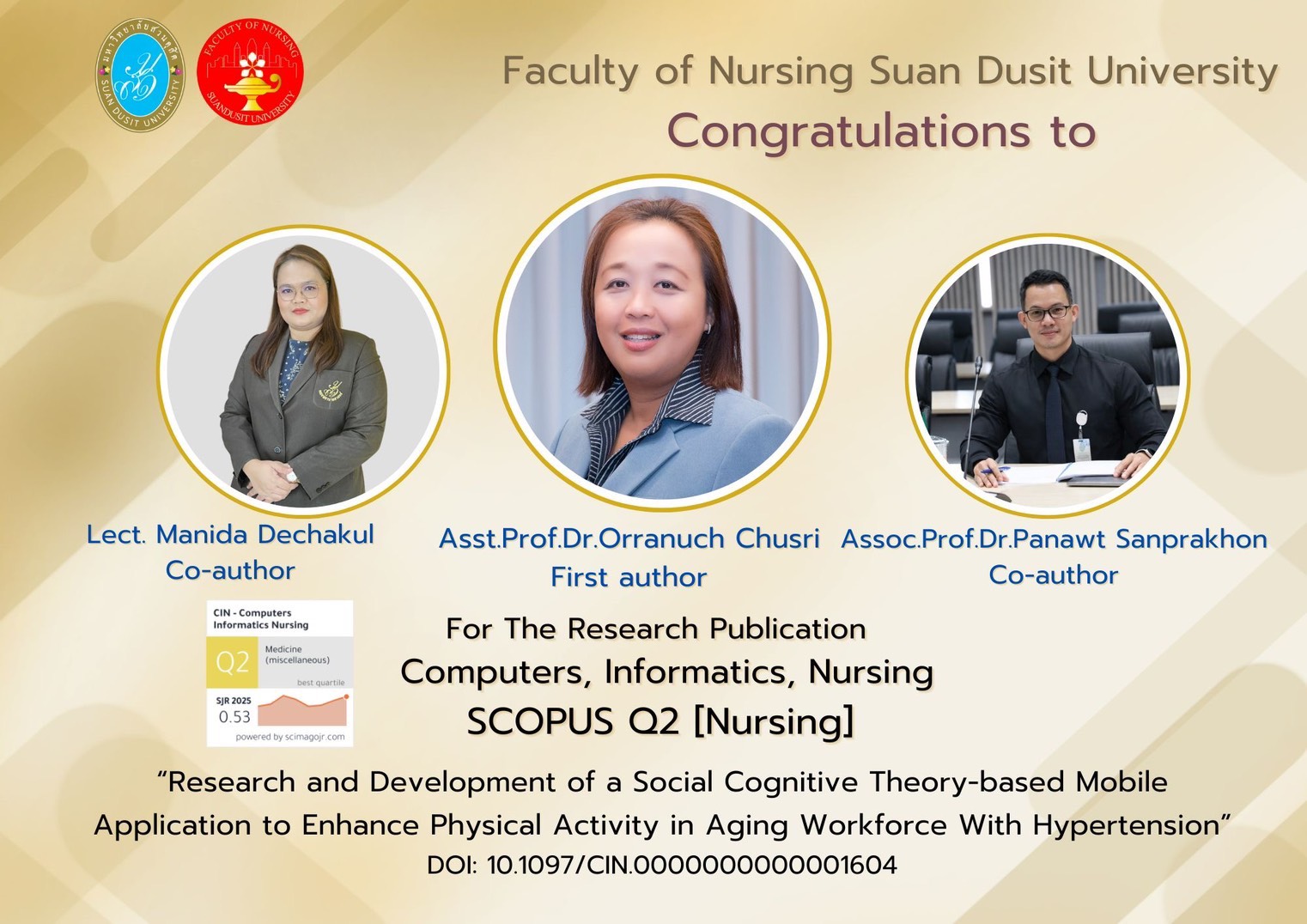 คณะพยาบาลศาสตร์ มหาวิทยาลัยสวนดุสิต ขอแสดงความยินดีกับคณาจารย์ผู้สร้างผลงานวิจัยระดับนานาชาติ